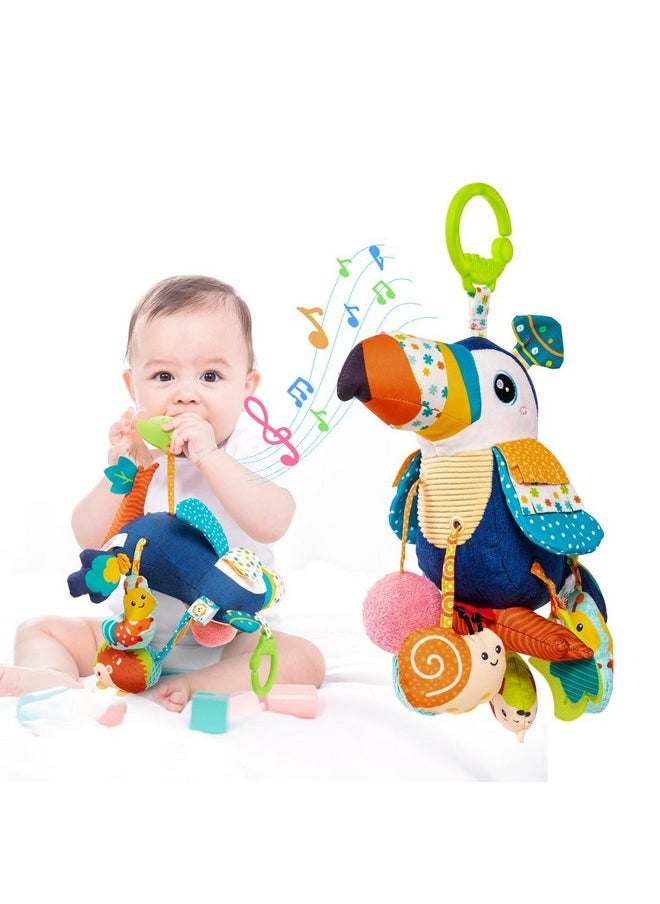 Jollybaby Musical Activity Pull String Hanging Toy For Baby Stroller Car Seat Crib Play Gym, Plush Stuffed Toucan Toy For Carseat With Music Teether Rattles, Sensory Toy For Baby Gift  - Image 1