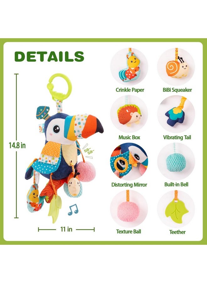 Jollybaby Musical Activity Pull String Hanging Toy For Baby Stroller Car Seat Crib Play Gym, Plush Stuffed Toucan Toy For Carseat With Music Teether Rattles, Sensory Toy For Baby Gift  - Image 5