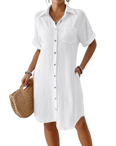 Bsubseach Womens Swimsuit Coverup Long Button Down Bathing Suit Cover Ups Short Sleeve Summer Beach Shirt Dress with Pockets White L - Image 1