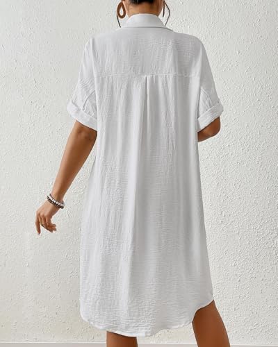 Bsubseach Womens Swimsuit Coverup Long Button Down Bathing Suit Cover Ups Short Sleeve Summer Beach Shirt Dress with Pockets White L - Image 5