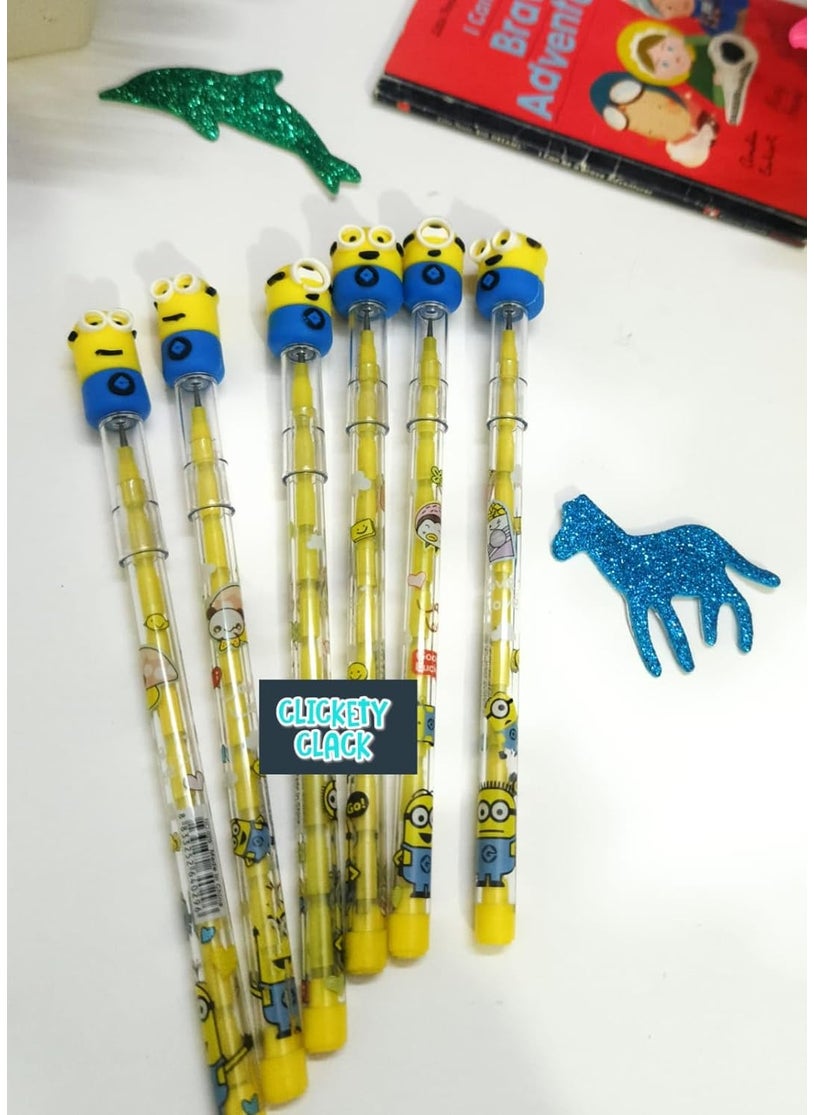 CLICKETY CLACK CLICKETY CLACK Minion Character Mechanical Push lead Pencil Set Decorative Writing Supplies Yellow and BlueBirthday Party return giftSchool office supplyFunky smooth Style for Writing Pack6  - Image 3