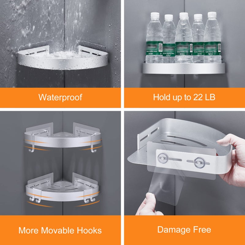 DUFU Adhesive Corner Shower Caddy with Hooks,Bathroom Shower Organizer, No Drilling Rust Proof Aluminum Shower Shelf for Inside Shower 2 Pack (Silver) - Image 2