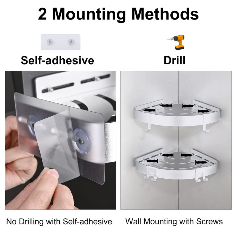 DUFU Adhesive Corner Shower Caddy with Hooks,Bathroom Shower Organizer, No Drilling Rust Proof Aluminum Shower Shelf for Inside Shower 2 Pack (Silver) - Image 3