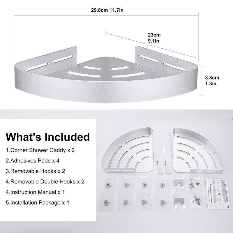DUFU Adhesive Corner Shower Caddy with Hooks,Bathroom Shower Organizer, No Drilling Rust Proof Aluminum Shower Shelf for Inside Shower 2 Pack (Silver) - Image 5