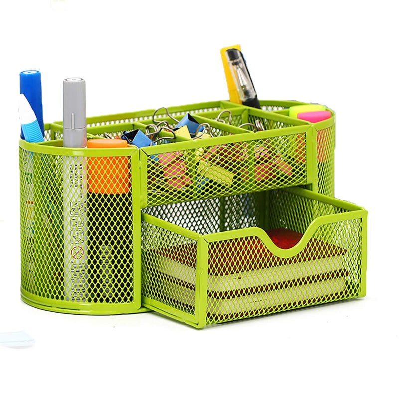 VANRA Metal Mesh Desk Supply Caddy Desktop Office Supplies Organizer Supply Holder 8 Compartments with Drawer (Green) - Image 1