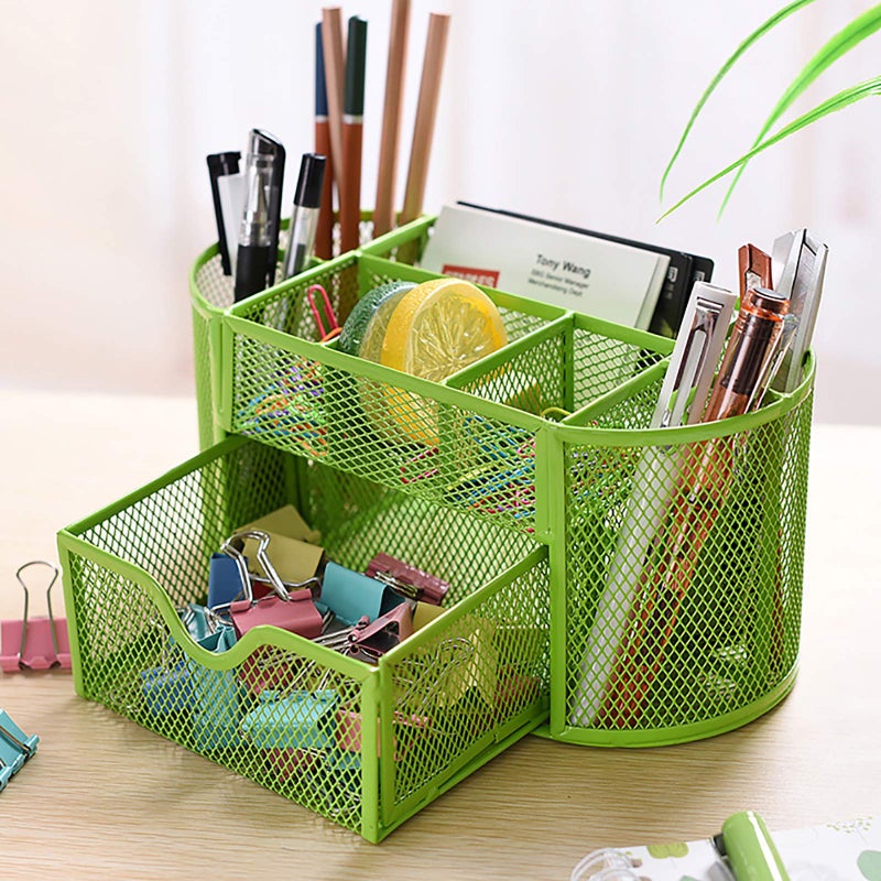 VANRA Metal Mesh Desk Supply Caddy Desktop Office Supplies Organizer Supply Holder 8 Compartments with Drawer (Green) - Image 3