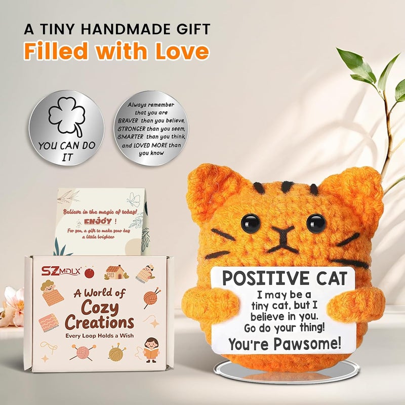 SZMDLX Positive Crochet Animals Orange cat Birthday Gift for Women, Handmade Emotional Support Crochet Gift, Home Office Desk Decor Gifts - Image 3