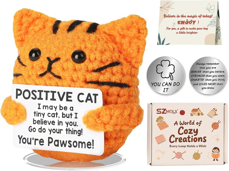 SZMDLX Positive Crochet Animals Orange cat Birthday Gift for Women, Handmade Emotional Support Crochet Gift, Home Office Desk Decor Gifts - Image 1