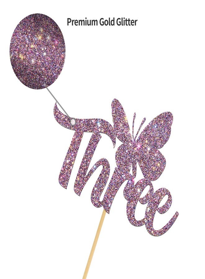 Helewilk Three Butterfly Cake Topper, for Girls 3rd Birthday/Baby Shower Cake Decoration - Butterfly Birthday - Three Years Old Wedding Anniversary Party Supplies - Purple - Image 2