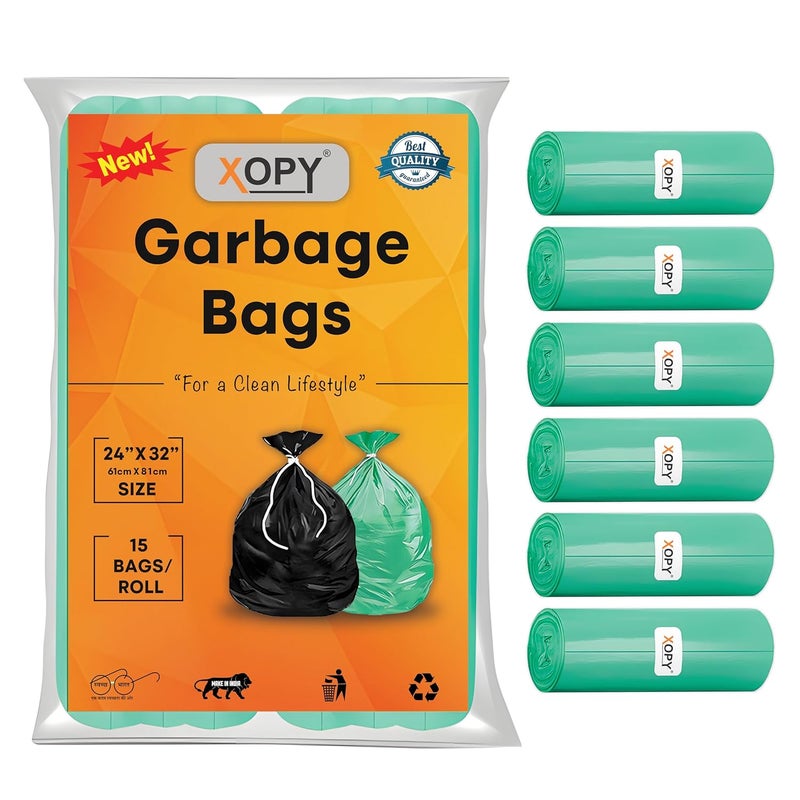 XOPY XOPY Premium EcoFriendly Garbage Bag 24 X 32 Inches Large Size Dustbin Bag Pack of 6 Rolls 90 Trash Bags Green Colour Waste Bag For Everyday Use Bin Bag For Dry Wet Waste Pouch Packing  - Image 1