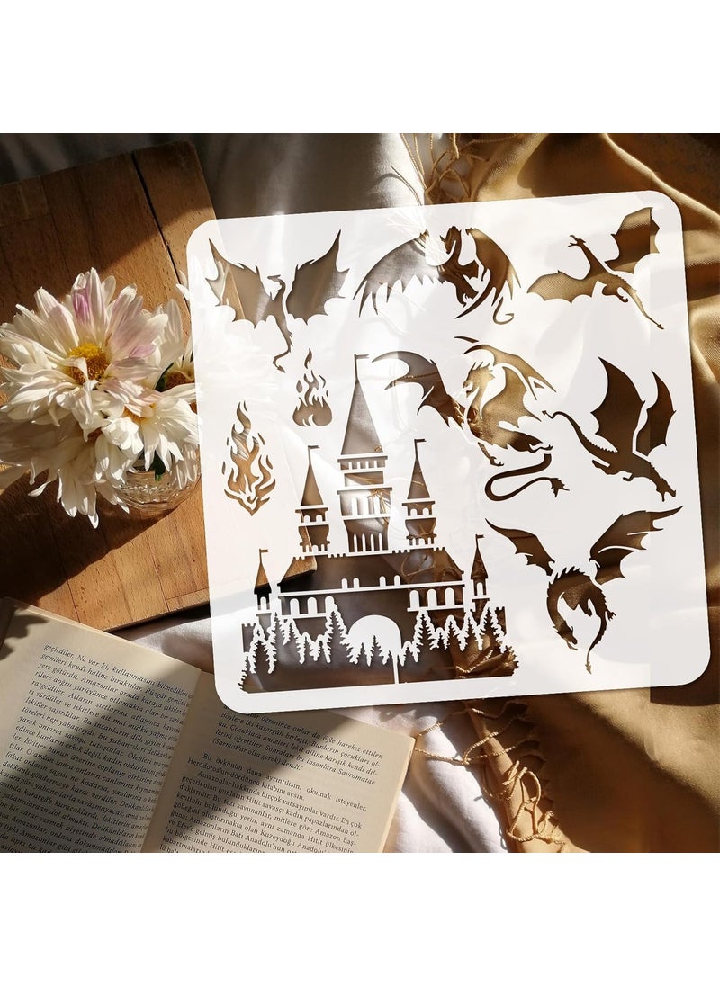 FINGERINSPIRE FINGERINSPIRE Dragons Stencil 11.8x11.8 inch Castle Painting Stencil Plastic Western Dragon Fire Castle Patterns Stencil Template Reusable DIY Art and Craft Pterosaur Stencil for Home Wall Decor  - Image 3