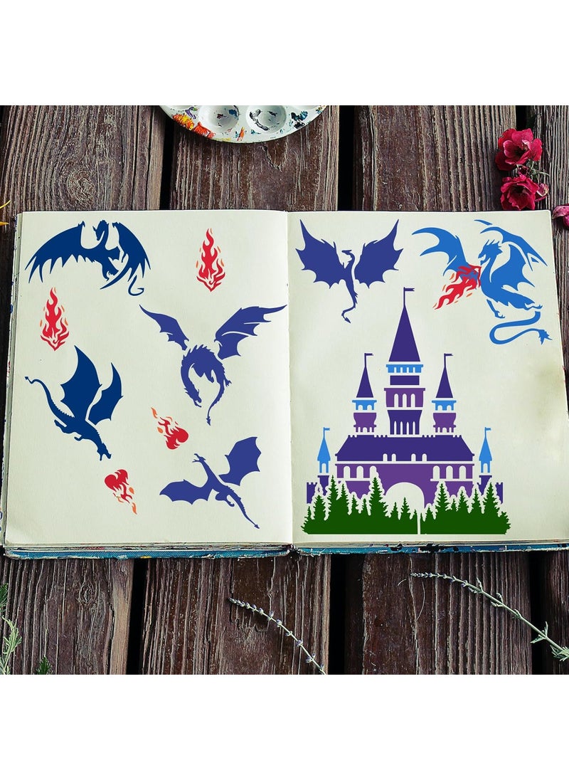 FINGERINSPIRE FINGERINSPIRE Dragons Stencil 11.8x11.8 inch Castle Painting Stencil Plastic Western Dragon Fire Castle Patterns Stencil Template Reusable DIY Art and Craft Pterosaur Stencil for Home Wall Decor  - Image 5