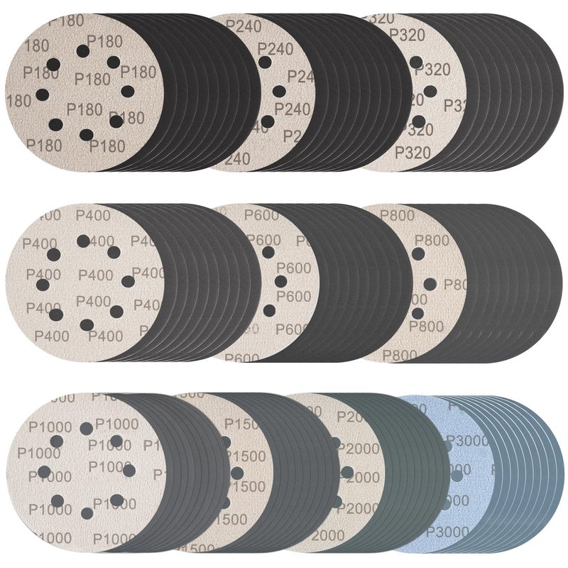 Rvetol 100 Pcs 5 Inch Sanding Discs Hook & Loop 8 Holes Wet Dry Sandpaper 180 240 320 400 600 800 1000 1500 2000 3000 Assortment Grits Silicon Carbide Orbital Sander Sand Paper for Wood Automotive Metal - Image 1