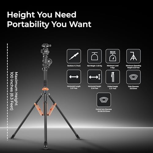 Digitek (DTR 830BH) 8.26ft Aluminum Light Stand Cum Tripod, 5Kg Max Load, 360° Adjustment, Ball Head, 4-Section, Overhead Shooting, 1/4 & 3/8 Screws, Cameras & Video Lights Compatible, for Photography - Image 4