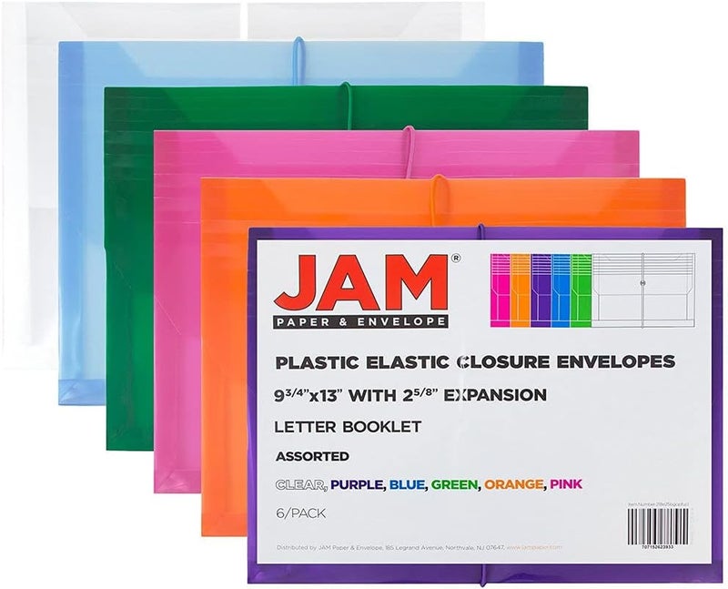JAM Paper Plastic Expansion Envelopes with Elastic Band Closure - Letter Booklet - 9 3/4 x 13 with 2.5 Inch Expansion - Assorted Colors - 6/Pack - Image 2