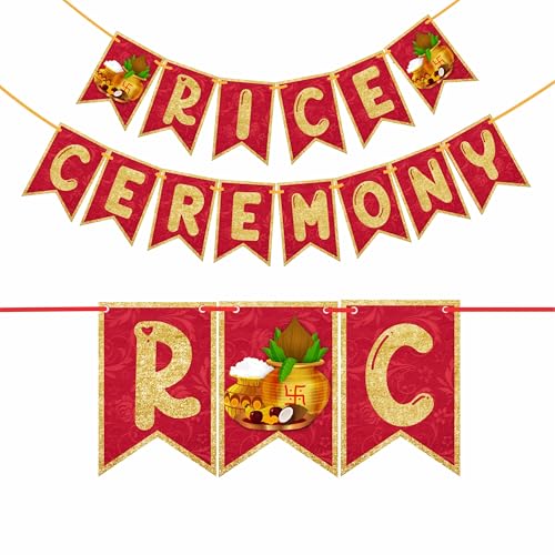 WOBBOX Annaprashan Party Props with Rice Ceremony Red & Golden Gliter Bunting Banner & Balloon & Foil Fringe, Annaprashan Party Decoration (47 Pcs Combo) - Image 4