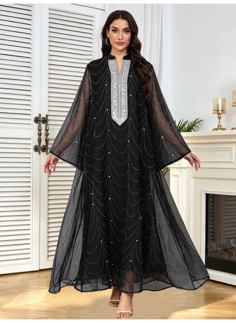 Kaiyuede Abaya Daily Eid Wedding Black Wave Rhinestone Diamond Sequin Mesh Flare Sleeve Opaque Lined Modest S-XL - Image 1