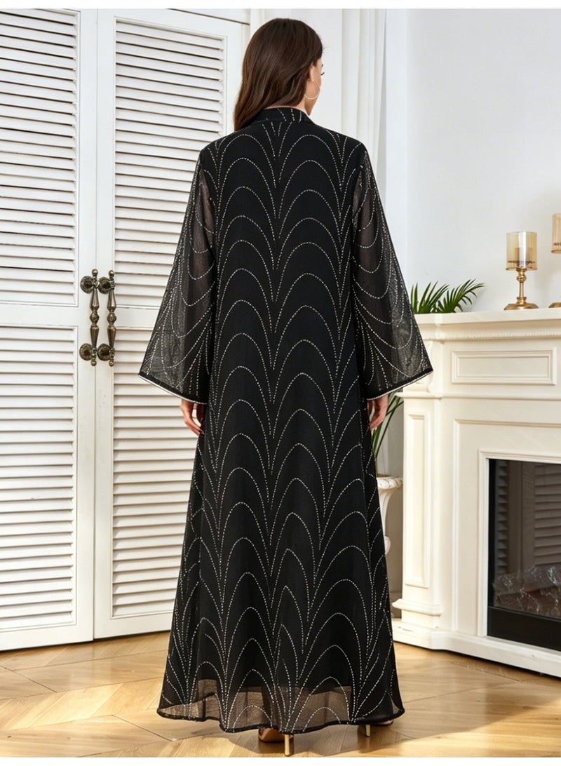 Kaiyuede Abaya Daily Eid Wedding Black Wave Rhinestone Diamond Sequin Mesh Flare Sleeve Opaque Lined Modest S-XL - Image 2