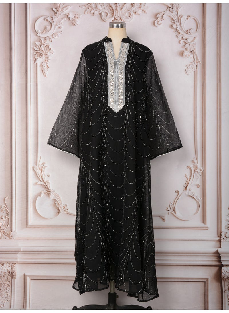 Kaiyuede Abaya Daily Eid Wedding Black Wave Rhinestone Diamond Sequin Mesh Flare Sleeve Opaque Lined Modest S-XL - Image 4