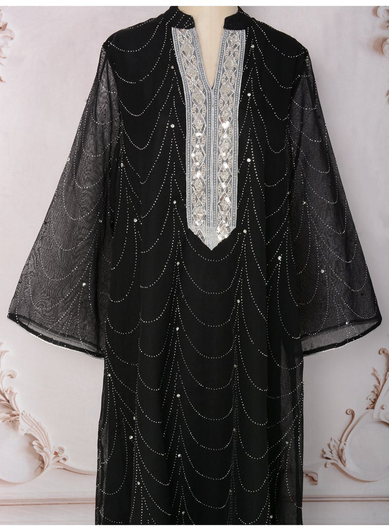 Kaiyuede Abaya Daily Eid Wedding Black Wave Rhinestone Diamond Sequin Mesh Flare Sleeve Opaque Lined Modest S-XL - Image 5