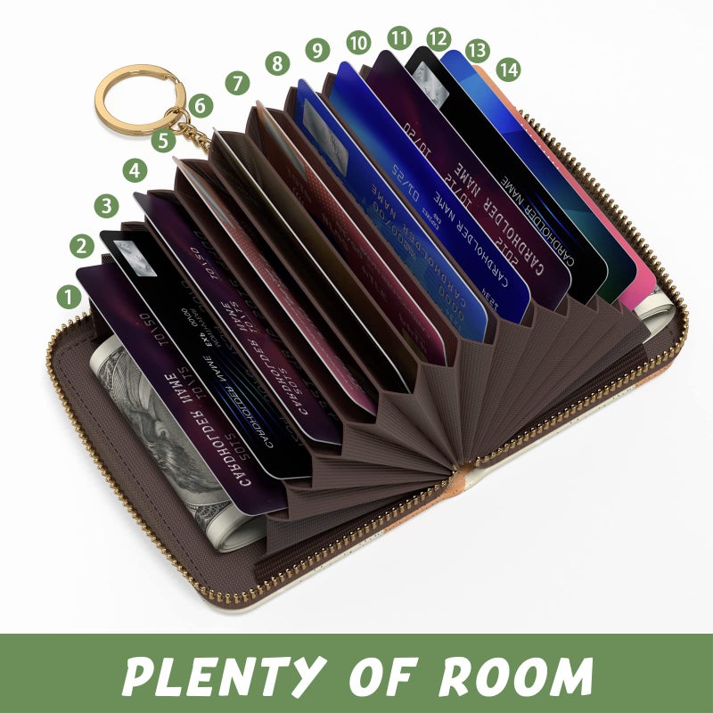 Aiawoxc Credit Card Holder, Small RFID Card Wallet Slim Leather Card Organizer Case with Zipper & Keychain, Abstract Boho Leaves - Image 3