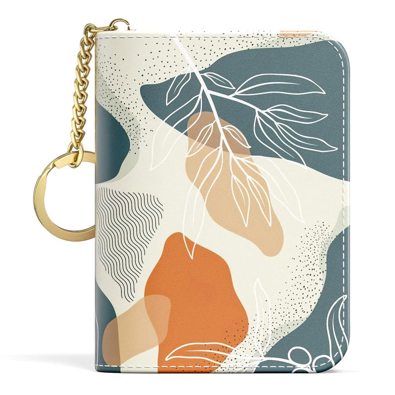 Aiawoxc Credit Card Holder, Small RFID Card Wallet Slim Leather Card Organizer Case with Zipper & Keychain, Abstract Boho Leaves - Image 1
