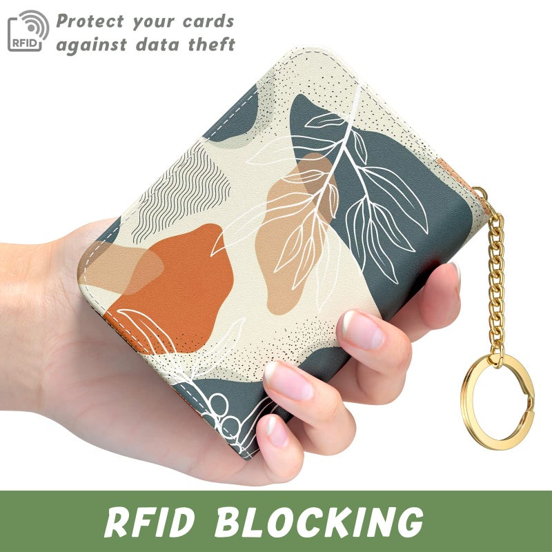 Aiawoxc Credit Card Holder, Small RFID Card Wallet Slim Leather Card Organizer Case with Zipper & Keychain, Abstract Boho Leaves - Image 4