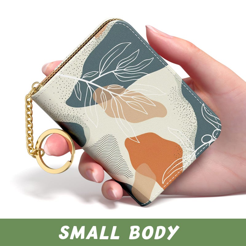 Aiawoxc Credit Card Holder, Small RFID Card Wallet Slim Leather Card Organizer Case with Zipper & Keychain, Abstract Boho Leaves - Image 2
