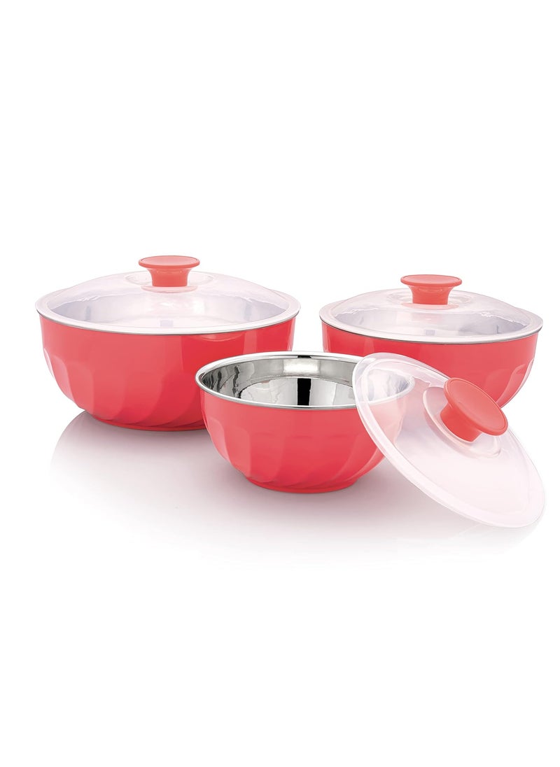 Nescro Nescro Mixing Serving Microwave Safe Stainless Steel Bowl 3 Pcs Set 60012001800 ML Pastel Red  - Image 1