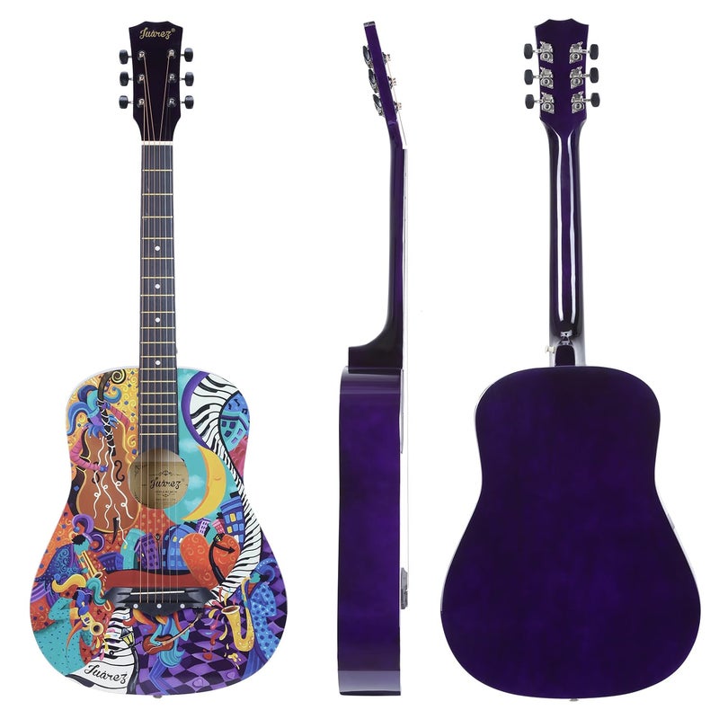 Juarez Acoustic Guitar, 38 Inch Cutaway JRZ38C/PP - Retro Hippie Funky Design, Complete Set with Bag - Image 3