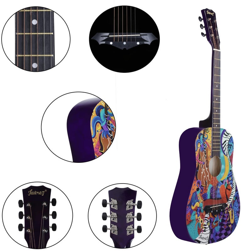 Juarez Acoustic Guitar, 38 Inch Cutaway JRZ38C/PP - Retro Hippie Funky Design, Complete Set with Bag - Image 4