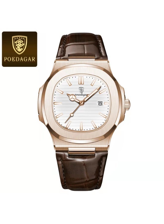 پوداجار ساعة رجالية فائقة النحافة مقاومة للماء مع تقويم، زجاج معدني معزز، وتصميم هيكل ثماني الأضلاع فريد - Image 1