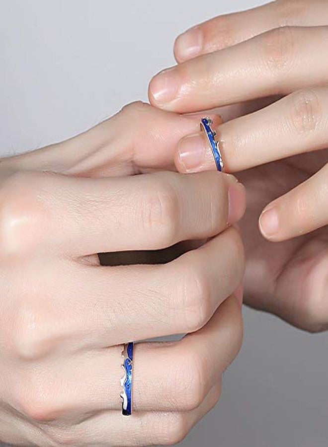 Pingyongchang 2 pairs S925 Sterling Silver Rings Van Gogh's Sky Design Handmade Unique Blue Open Band Ring Promise Ring Size 5-9.5 Jewelry Gift for Women-Adjustable Size - Image 5