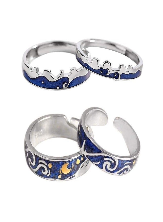 Pingyongchang 2 pairs S925 Sterling Silver Rings Van Gogh's Sky Design Handmade Unique Blue Open Band Ring Promise Ring Size 5-9.5 Jewelry Gift for Women-Adjustable Size - Image 1