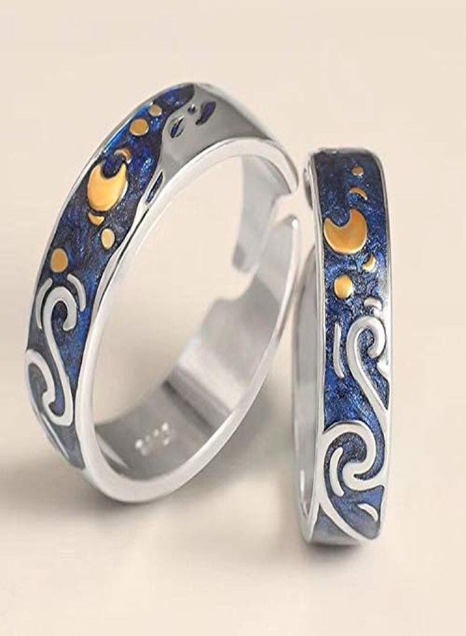 Pingyongchang 2 pairs S925 Sterling Silver Rings Van Gogh's Sky Design Handmade Unique Blue Open Band Ring Promise Ring Size 5-9.5 Jewelry Gift for Women-Adjustable Size - Image 2