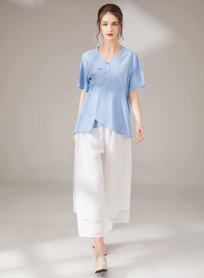 Minibee سروال نسائي واسع الساقين فضفاض بطبقات كابري يوغا بالازو بحزام مرن، أبيض، م - Image 2