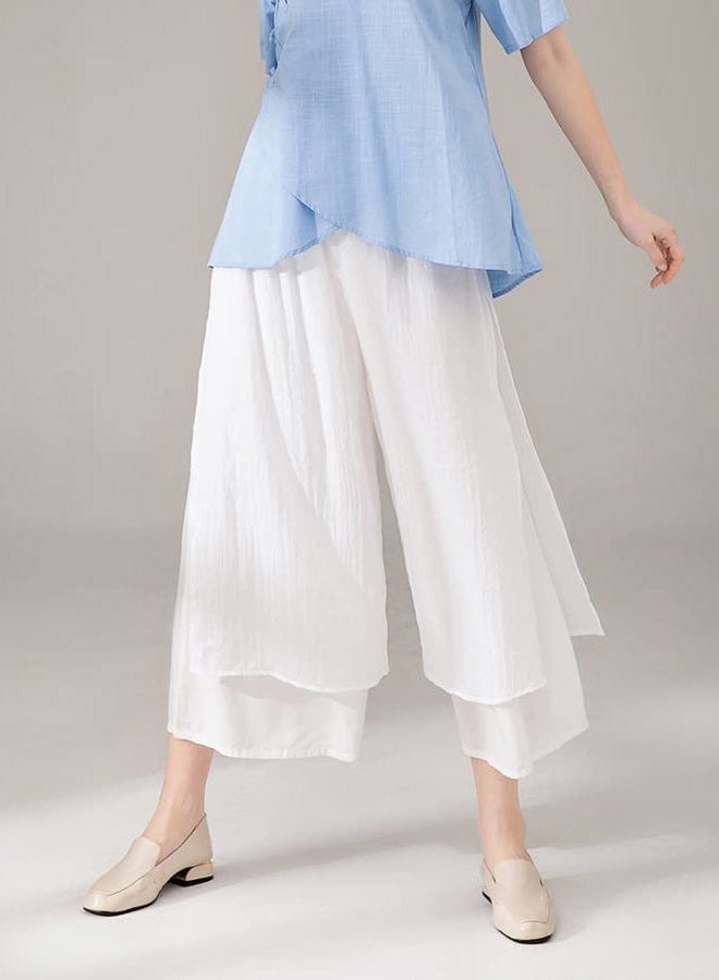 Minibee سروال نسائي واسع الساقين فضفاض بطبقات كابري يوغا بالازو بحزام مرن، أبيض، م - Image 4