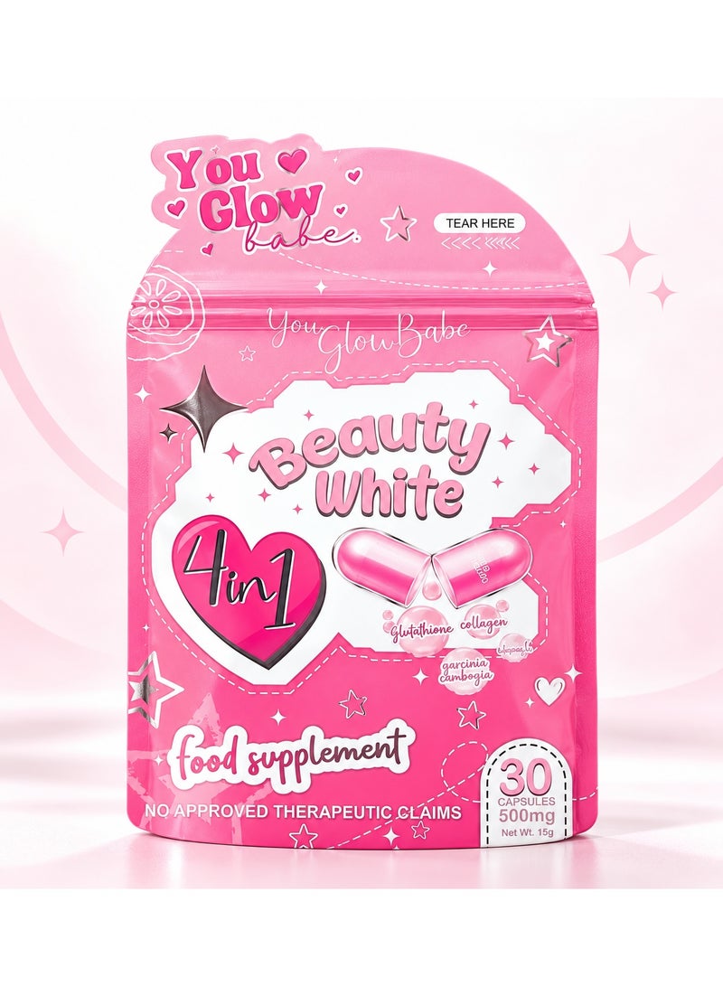 You Glow Babe 4-in-1 Beauty White Capsules – Skin Whitening, Glutathione, Collagen & Vitamin C Supplement for Radiant Glow & Youthful Skin – 30 Capsules, 500mg - Image 1