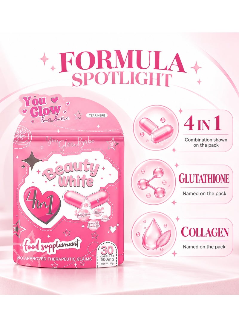You Glow Babe 4-in-1 Beauty White Capsules – Skin Whitening, Glutathione, Collagen & Vitamin C Supplement for Radiant Glow & Youthful Skin – 30 Capsules, 500mg - Image 2