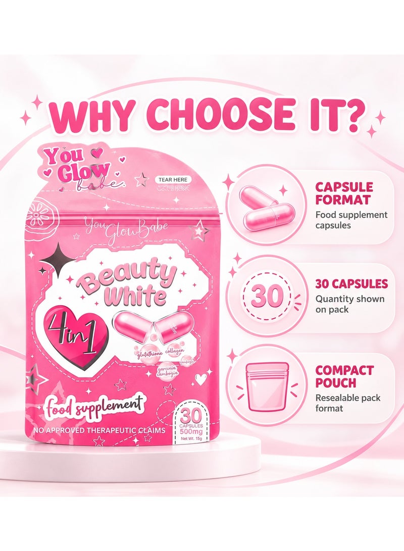You Glow Babe 4-in-1 Beauty White Capsules – Skin Whitening, Glutathione, Collagen & Vitamin C Supplement for Radiant Glow & Youthful Skin – 30 Capsules, 500mg - Image 4