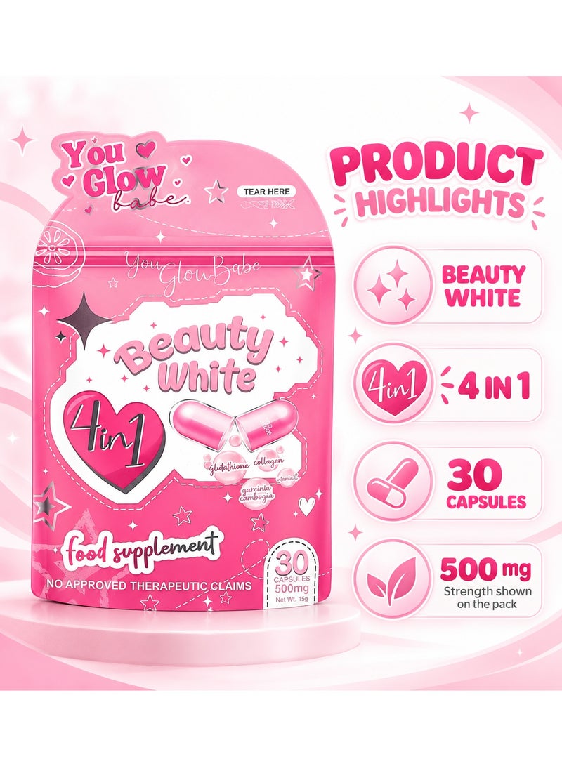You Glow Babe 4-in-1 Beauty White Capsules – Skin Whitening, Glutathione, Collagen & Vitamin C Supplement for Radiant Glow & Youthful Skin – 30 Capsules, 500mg - Image 3