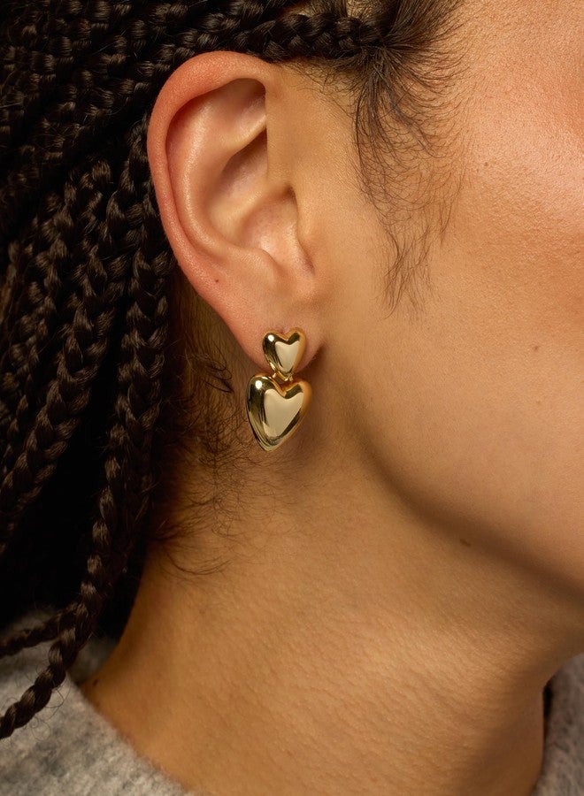 بافوا أقراط بافوي مطلية بالذهب الأصفر عيار 14 قيراطًا بتصميم قلب كبير للنساء | أقراط متدلية خفيفة الوزن على شكل دمعة حب لعيد الحب - Image 2