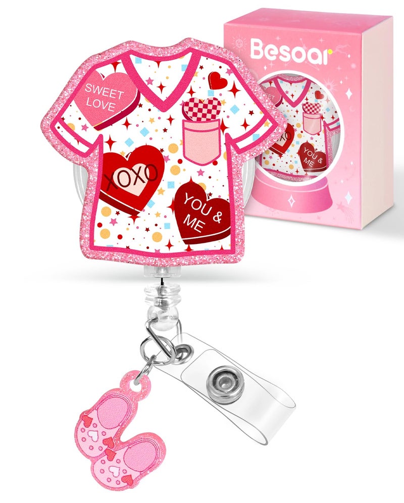 Besoar Valentine Badge Reel Holder Clip - Cute Pink Nurse Scrubs Heart Retractable Id Name Card Badge Reel With Charm Alligator Clip  Office Nurse Nursing Medical Worker Student Accessories Gifts - Image 1