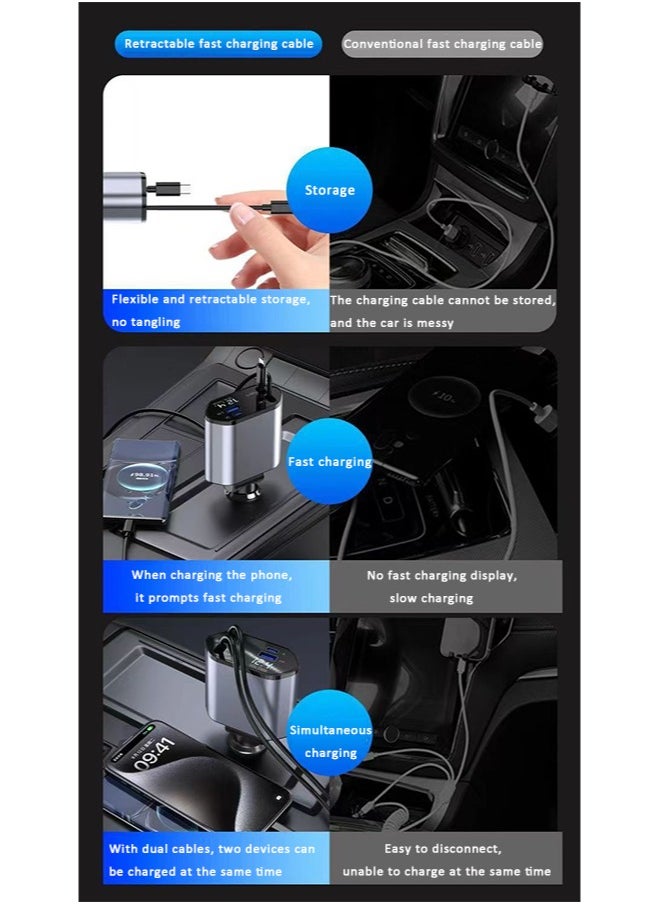 REACLOUD - 12/24V 120W Fast Car Charger with Retractable Cable, PD20W, USB Bluetooth Adapter - Image 1