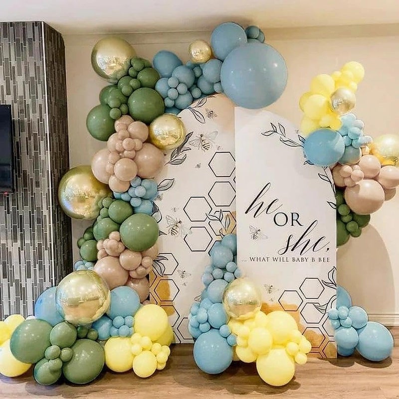 Pinbra Blue Yellow Green Balloon Garland Double Stuffed Sage Green Dusty Blue Yellow Gold Balloons Pastel Balloon Arch Kit for Baby Shower Birthday Easter Gender Reveal Wedding Party Decorations - Image 2