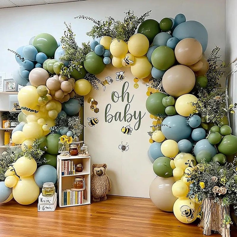 Pinbra Blue Yellow Green Balloon Garland Double Stuffed Sage Green Dusty Blue Yellow Gold Balloons Pastel Balloon Arch Kit for Baby Shower Birthday Easter Gender Reveal Wedding Party Decorations - Image 5