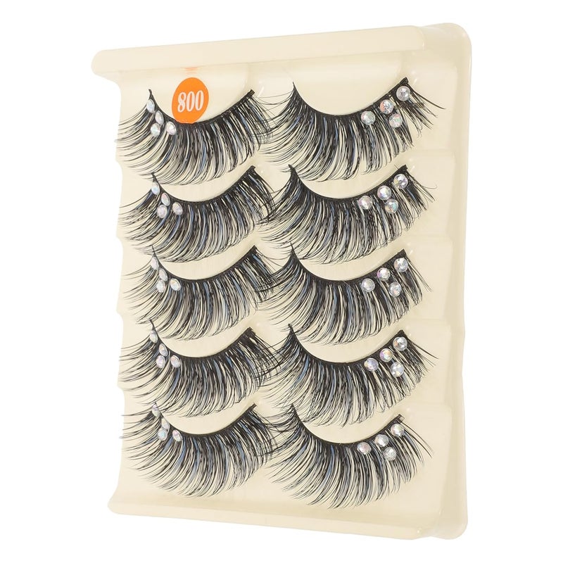 5 Pairs False Eyelashes Rhinestones Extended Winged Wispy Fake Lashes Natural Look Black and Blue Fantasy Stage Makeup - Image 1