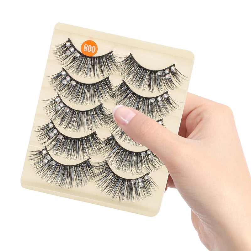 5 Pairs False Eyelashes Rhinestones Extended Winged Wispy Fake Lashes Natural Look Black and Blue Fantasy Stage Makeup - Image 4