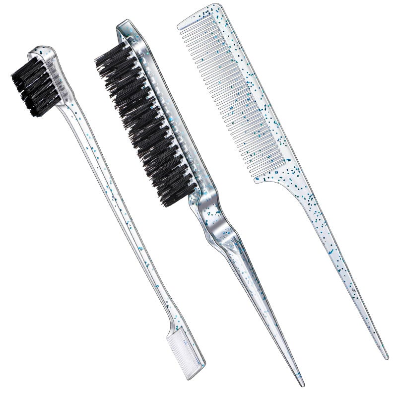 Geiserailie 3 Pcs Slick Back Hair Brush Set Bristle Brush Edge Control Teasing Comb for Women Black HairClear Blue