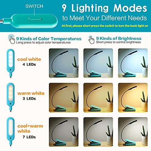 VAVOFO Clip On Book Light for Bed Kids, 7 LED Reading Light with 9-Level Warm Cool White Daylight, Eye Care Lamp with Power Indicator for Bookworms (Blue) - Image 2